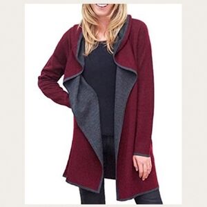 BNCI Burgundy & Grey Open Hooded Cardigan Size M